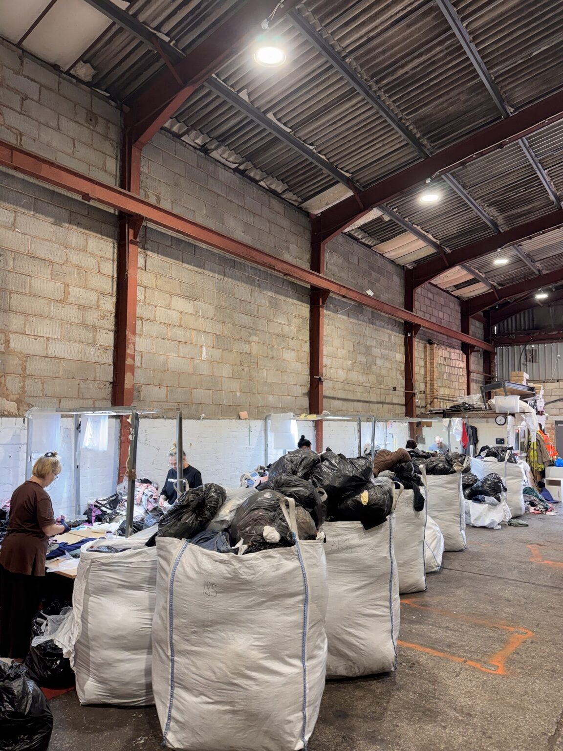 Clothing sorting team working in a Manchester warehouse